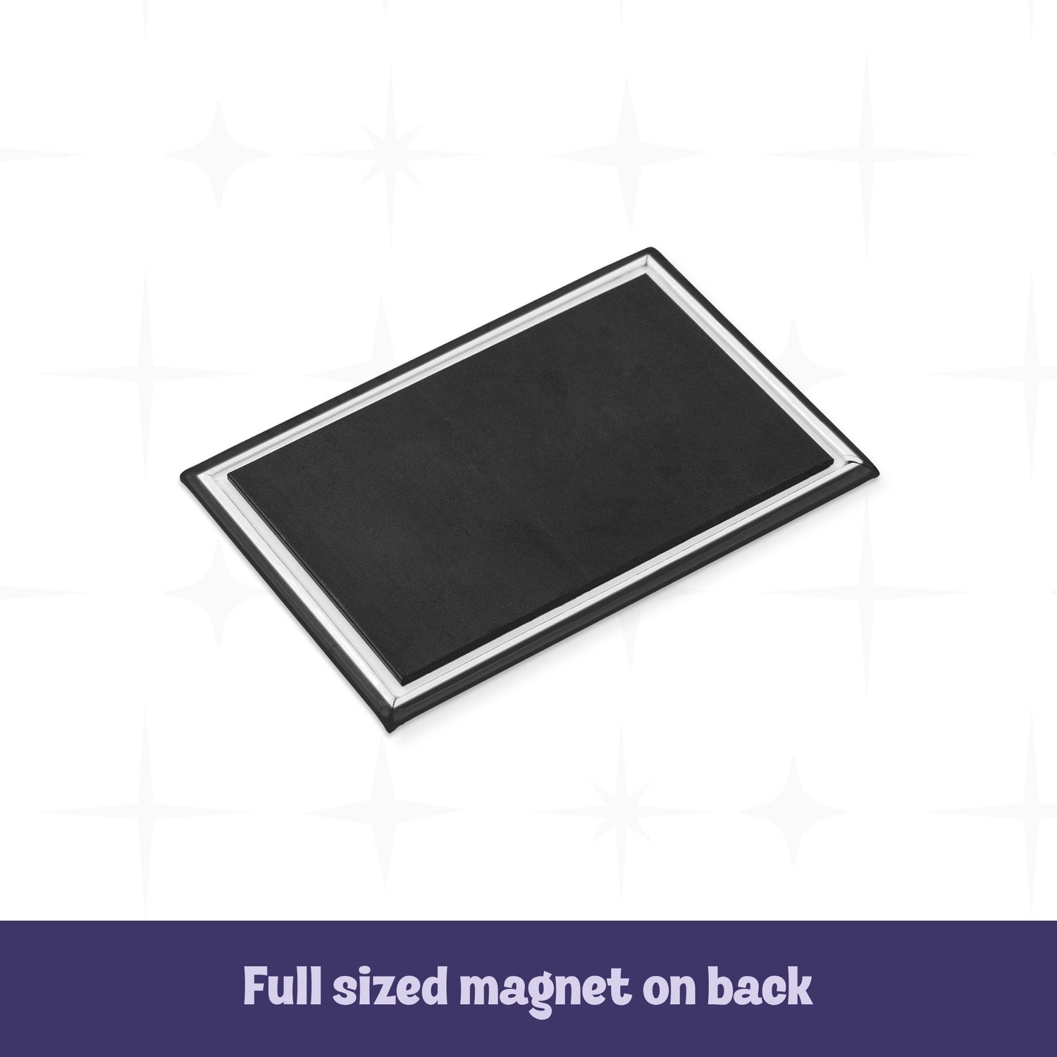 Back of goth mom fridge magnet showing full-sized black magnetic backing with silver border
