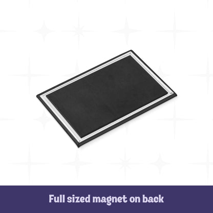 Back of goth mom fridge magnet showing full-sized black magnetic backing with silver border