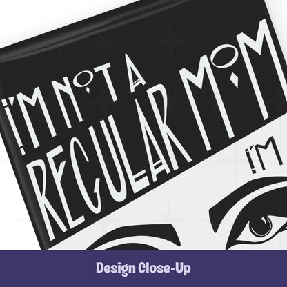 Close-up of top section of goth mom magnet showing Art Deco hand-lettered text I&