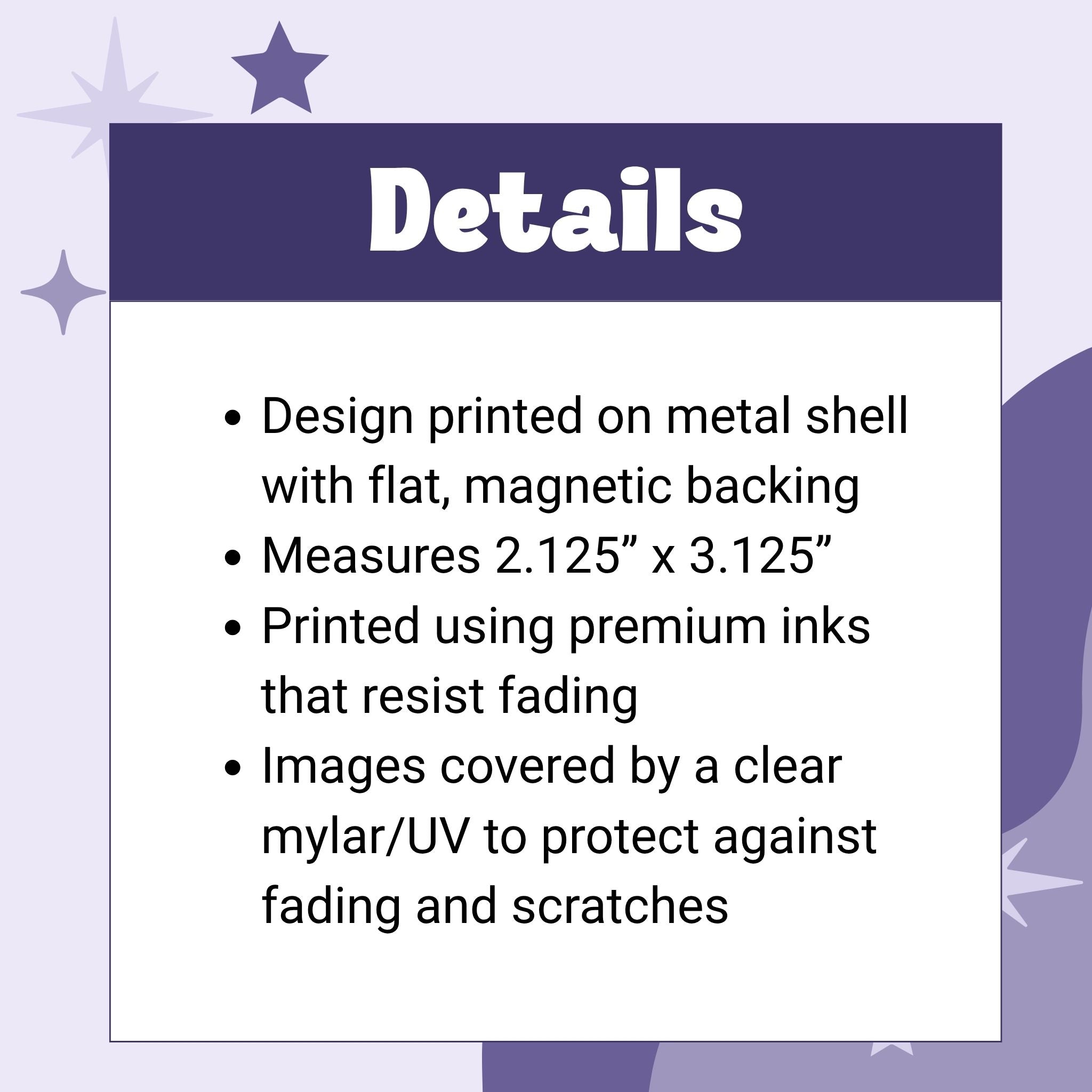 Product details graphic listing goth mom fridge magnet specifications: metal shell with flat magnetic backing, 2.125 x 3.125 inches, premium fade-resistant inks, clear mylar UV protection