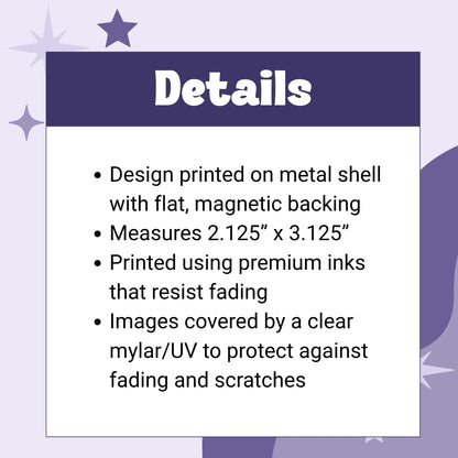 Product details graphic listing goth mom fridge magnet specifications: metal shell with flat magnetic backing, 2.125 x 3.125 inches, premium fade-resistant inks, clear mylar UV protection