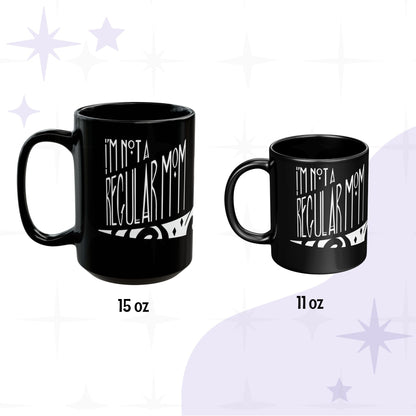 Goth mom mug size comparison showing 15oz and 11oz black ceramic mugs with I&