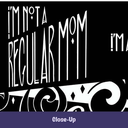 Close-up of goth mom mug showing hand-lettered I&