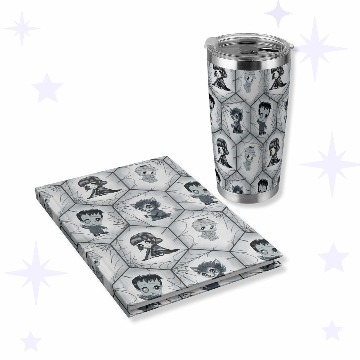 Grayscale stainless steel tumbler and matching hardcover journal printed with chibi vampire, werewolf, mummy, and Frankenstein&