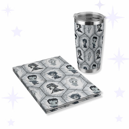 Grayscale stainless steel tumbler and matching hardcover journal printed with chibi vampire, werewolf, mummy, and Frankenstein&