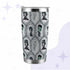 Goth tumbler with chibi vampire girl, mint green Frankenstein, werewolf, and mummy standing in a gray hexagon spiderweb pattern