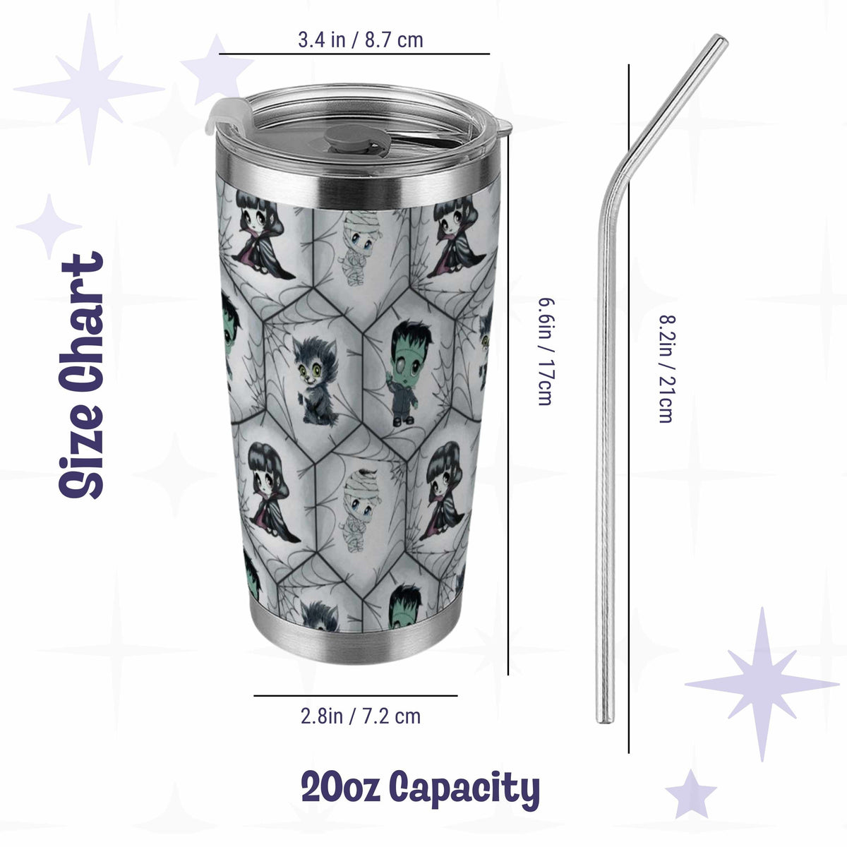 Size chart for the 20oz gothic stainless steel tumbler, 6.6 inches tall and 3.4 inches wide with an 8.2 inch metal straw