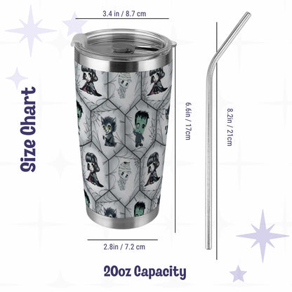 Size chart for the 20oz gothic stainless steel tumbler, 6.6 inches tall and 3.4 inches wide with an 8.2 inch metal straw