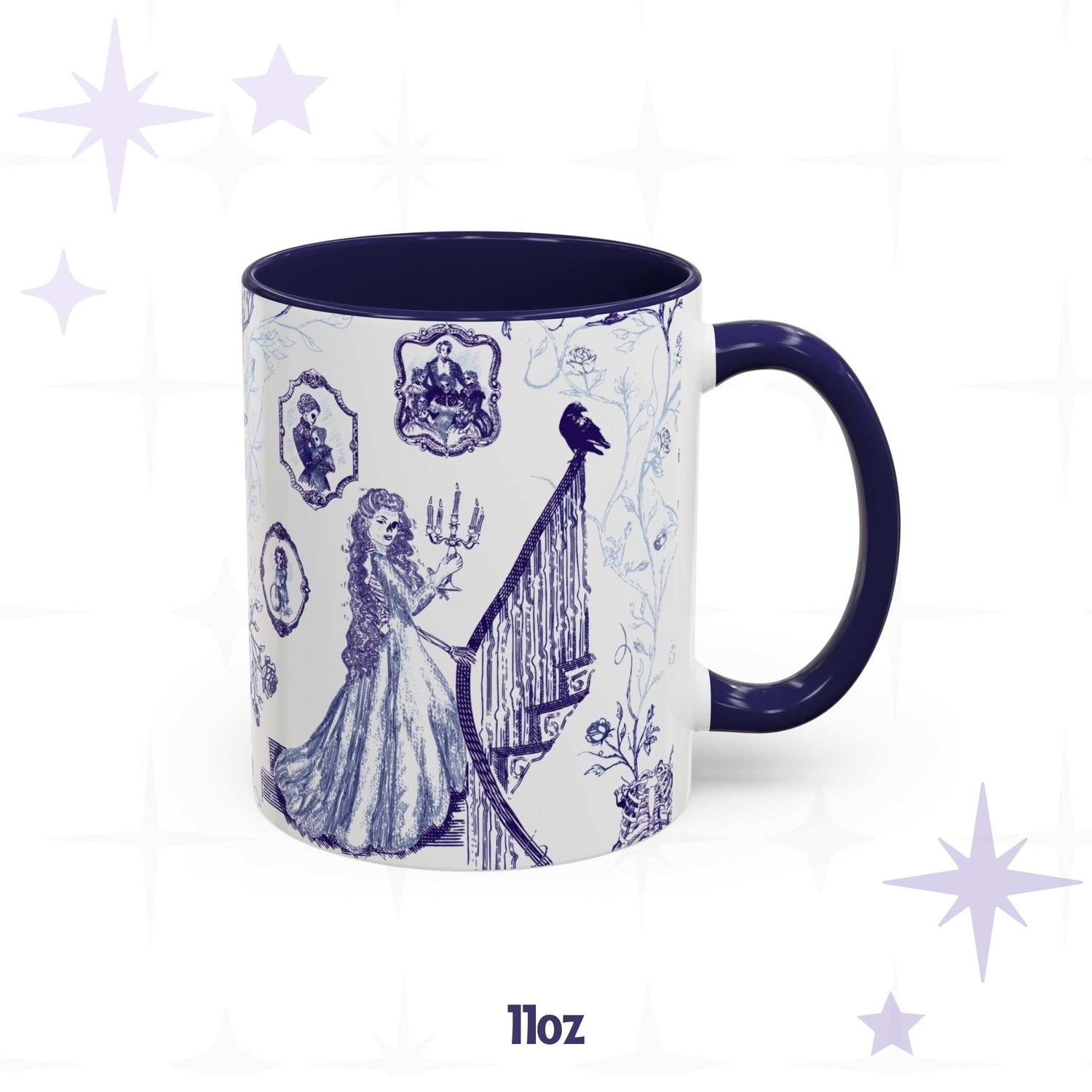11 oz gothic toile mug with a candelabra staircase scene, raven, and skull cameo portraits