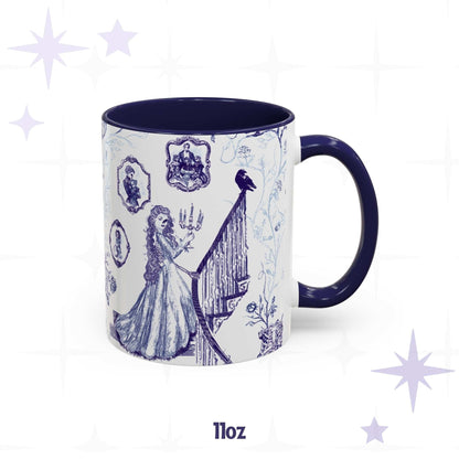 11 oz gothic toile mug with a candelabra staircase scene, raven, and skull cameo portraits