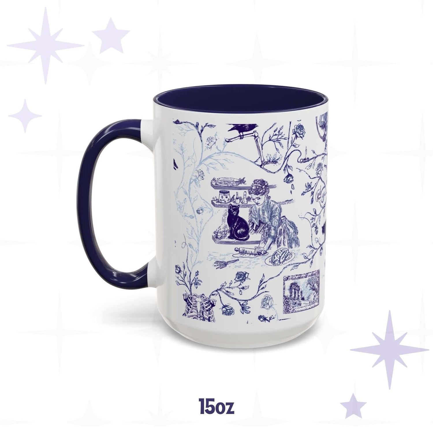 15 oz blue and white gothic toile mug with a Victorian baking scene and black cat, navy interior