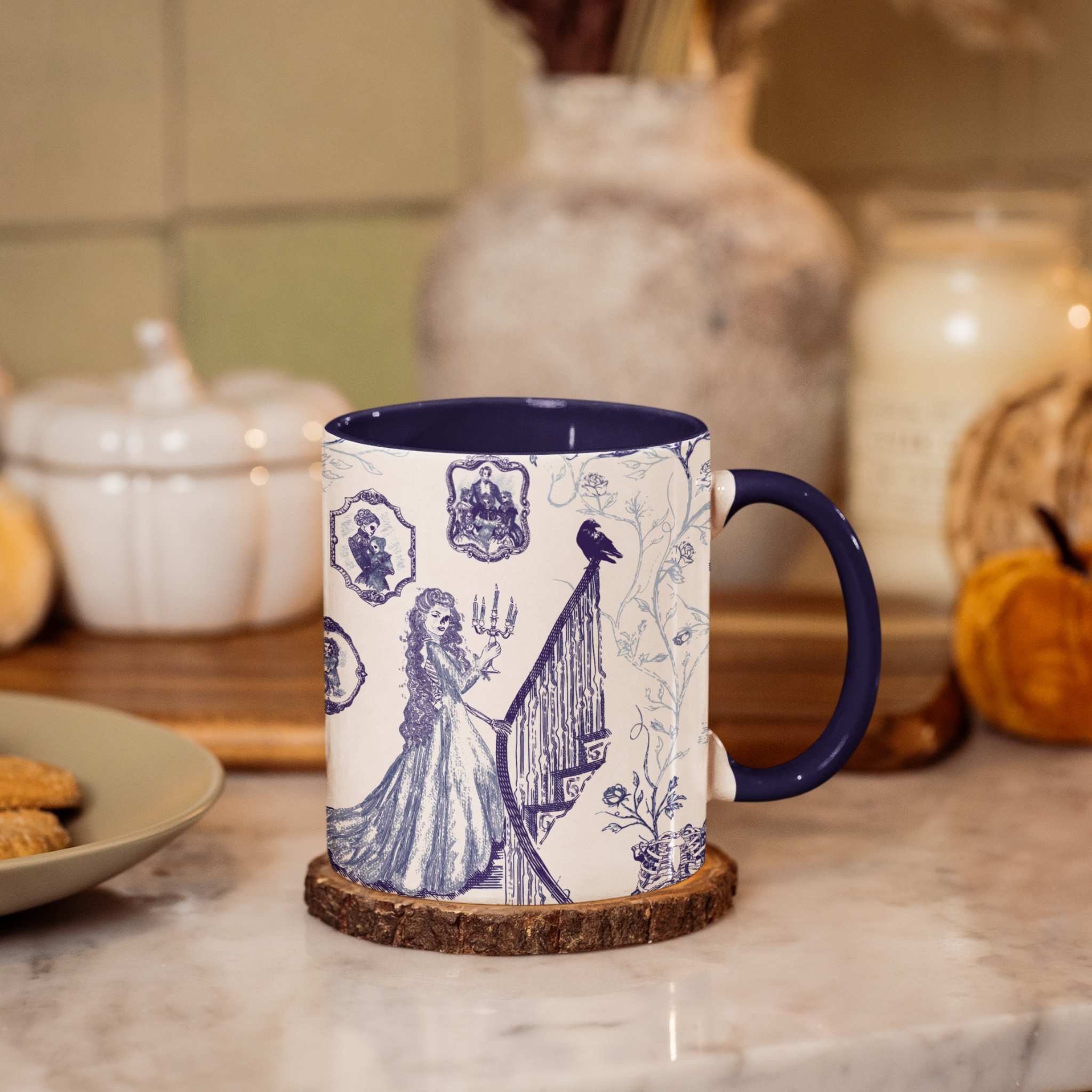 Gothic toile mug on a wooden coaster in a cozy autumn kitchen with pumpkins and cookies