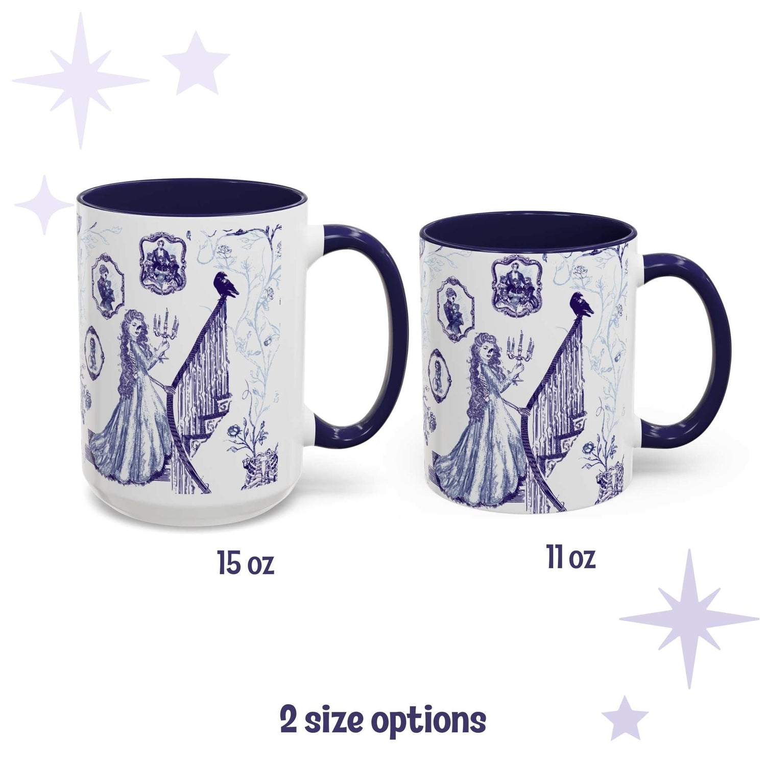 Blue and white gothic toile mugs in 15 oz and 11 oz sizes with a candlelit staircase and raven design