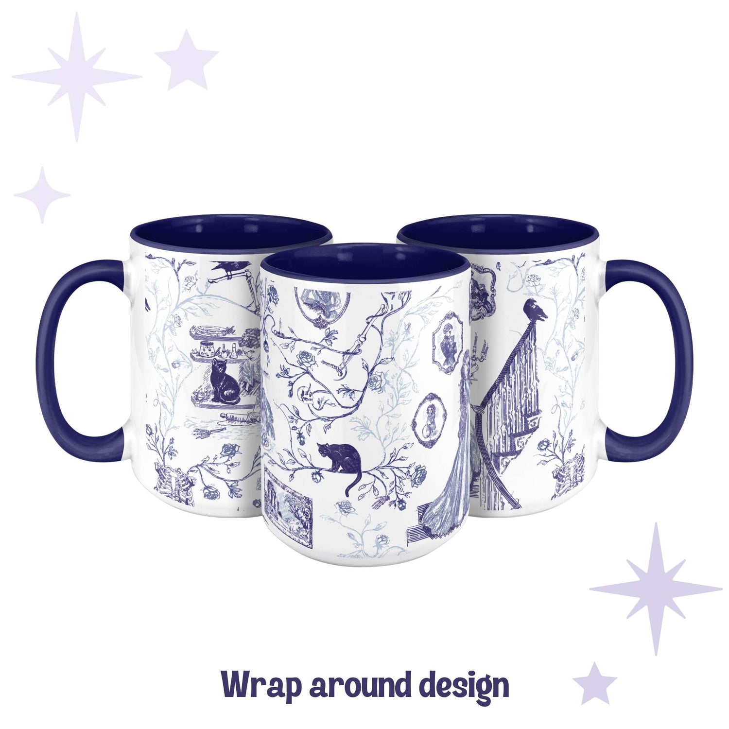 Three gothic toile mugs showing the full wrap-around blue and white zombie pattern design