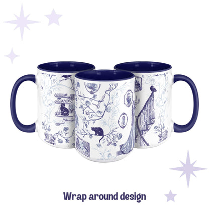 Three gothic toile mugs showing the full wrap-around blue and white zombie pattern design