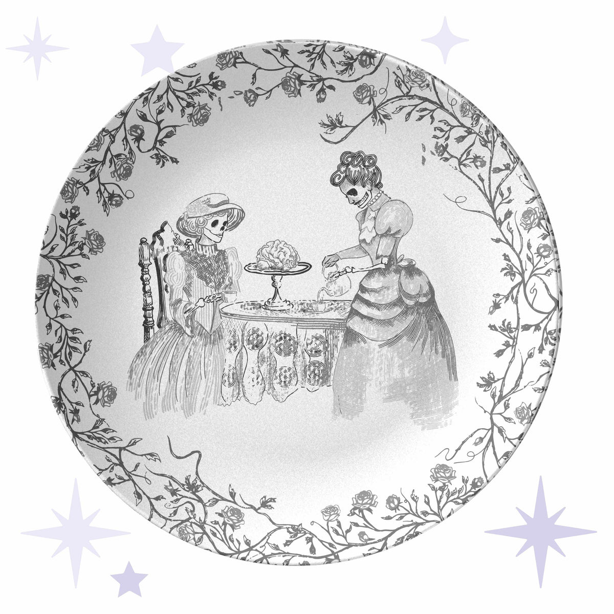 Domestic Zombie Tea Party Plate, Black and White – Little Blue Market