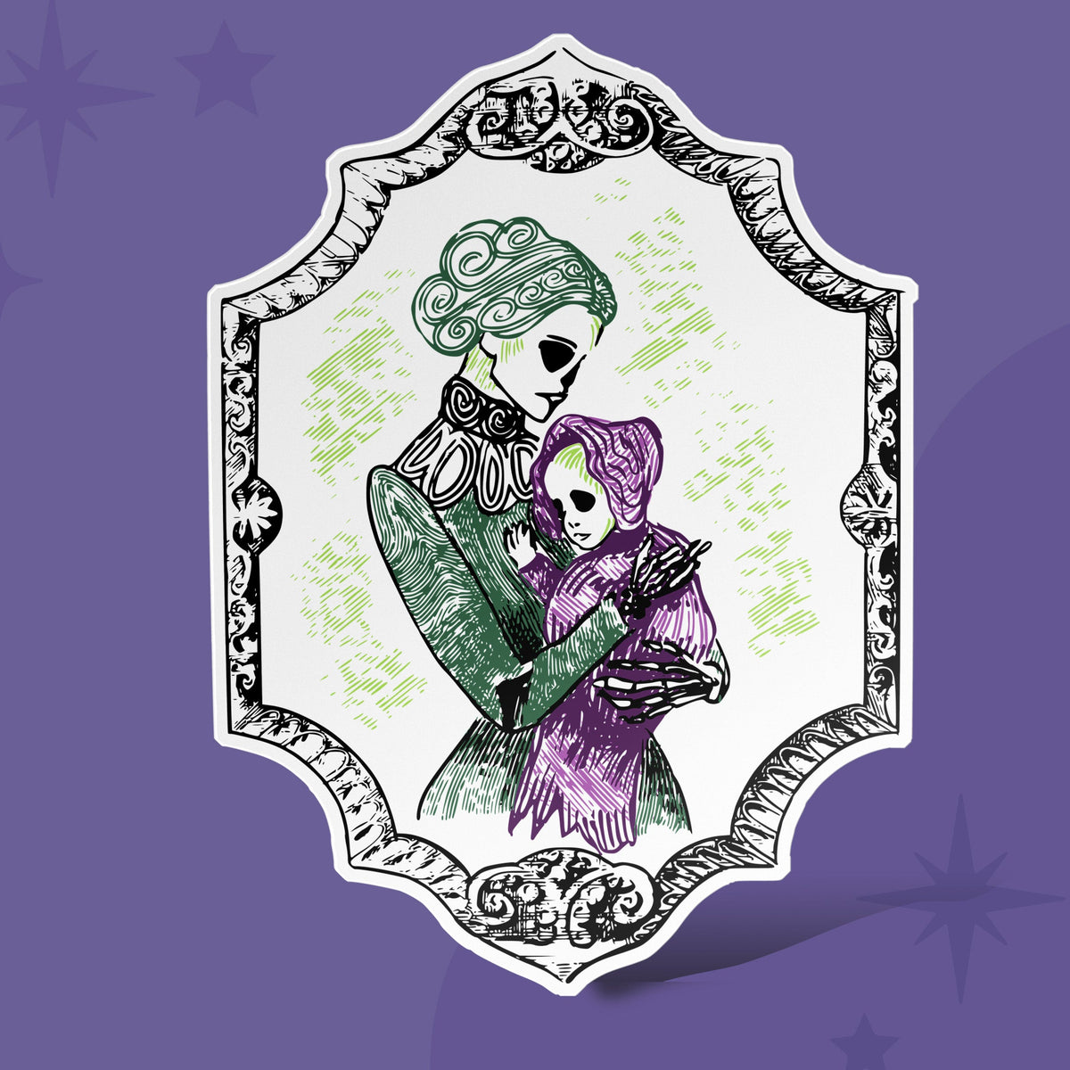 Gothic skeleton sticker showing a green Victorian woman with a skull face holding a plum bonneted child in an ornate engraved frame