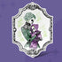 Gothic skeleton sticker showing a green Victorian woman with a skull face holding a plum bonneted child in an ornate engraved frame