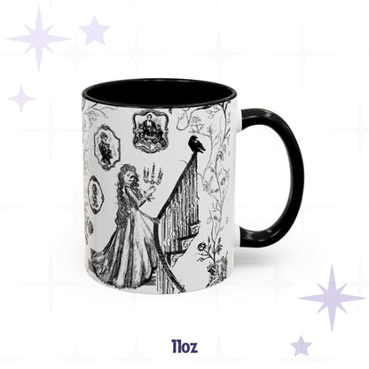 11 oz gothic toile de Jouy mug with a candelabra staircase scene, raven, and skull cameo portraits