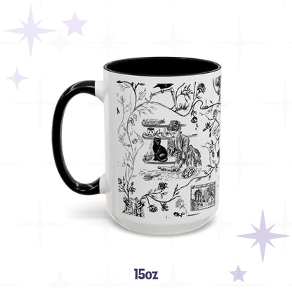 15 oz black and white gothic toile mug with a Victorian baking scene and black cat, black interior