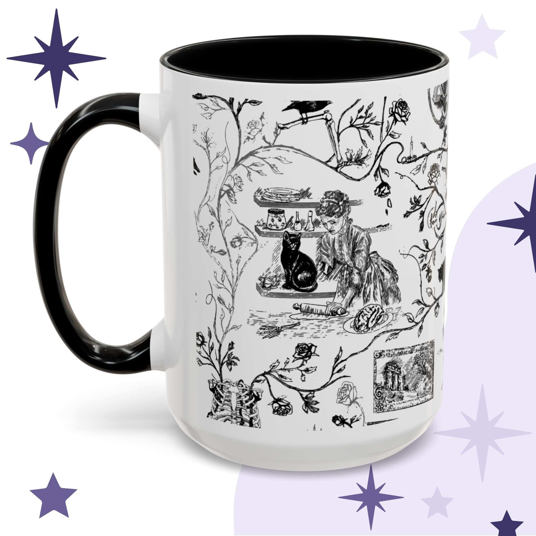 One side of Black and white gothic toile mug showing a Victorian woman baking a plate of brains with a black cat