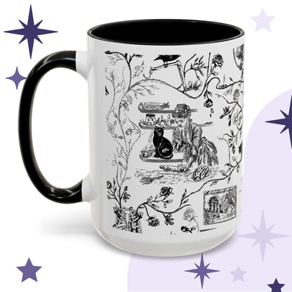 One side of Black and white gothic toile mug showing a Victorian woman baking a plate of brains with a black cat