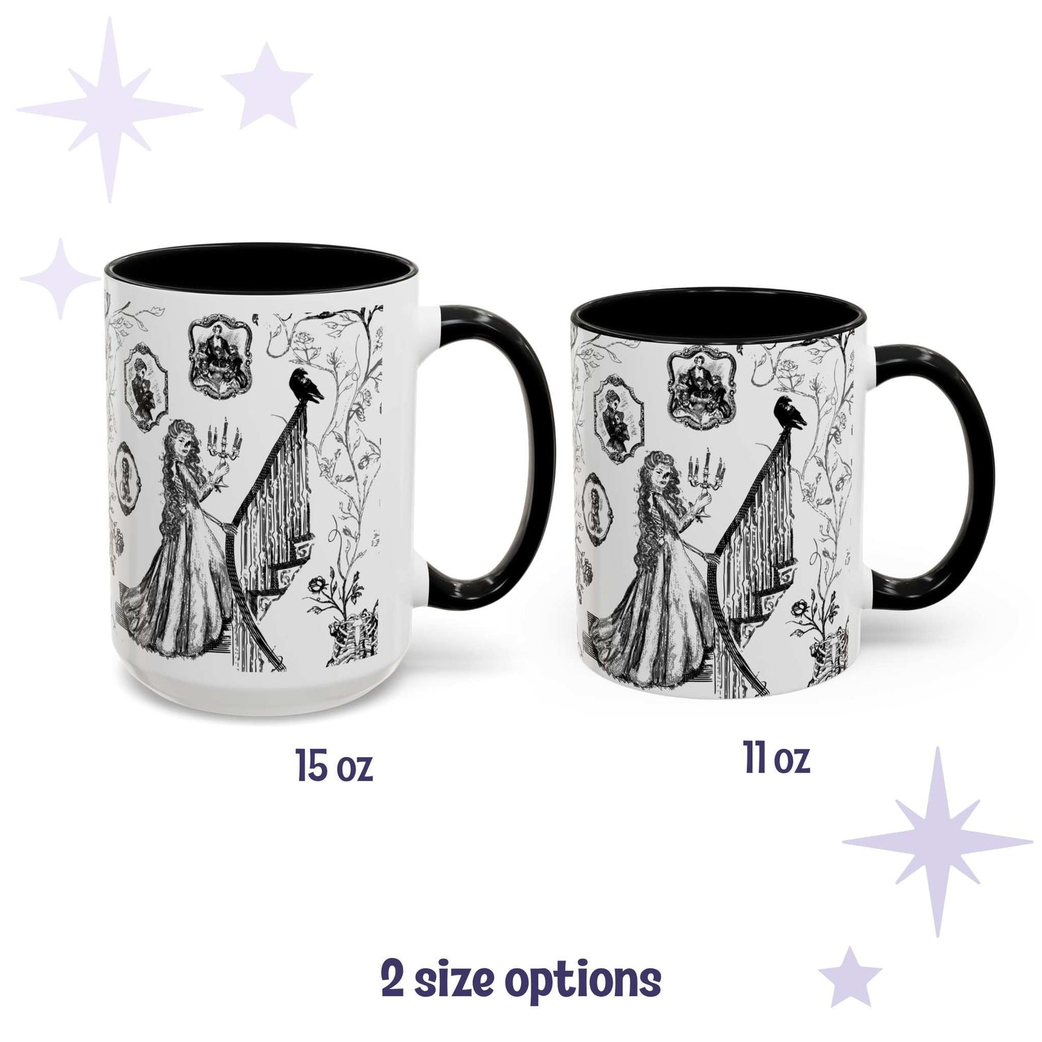 Black and white gothic toile mugs in 15 oz and 11 oz sizes with a candlelit staircase and raven design