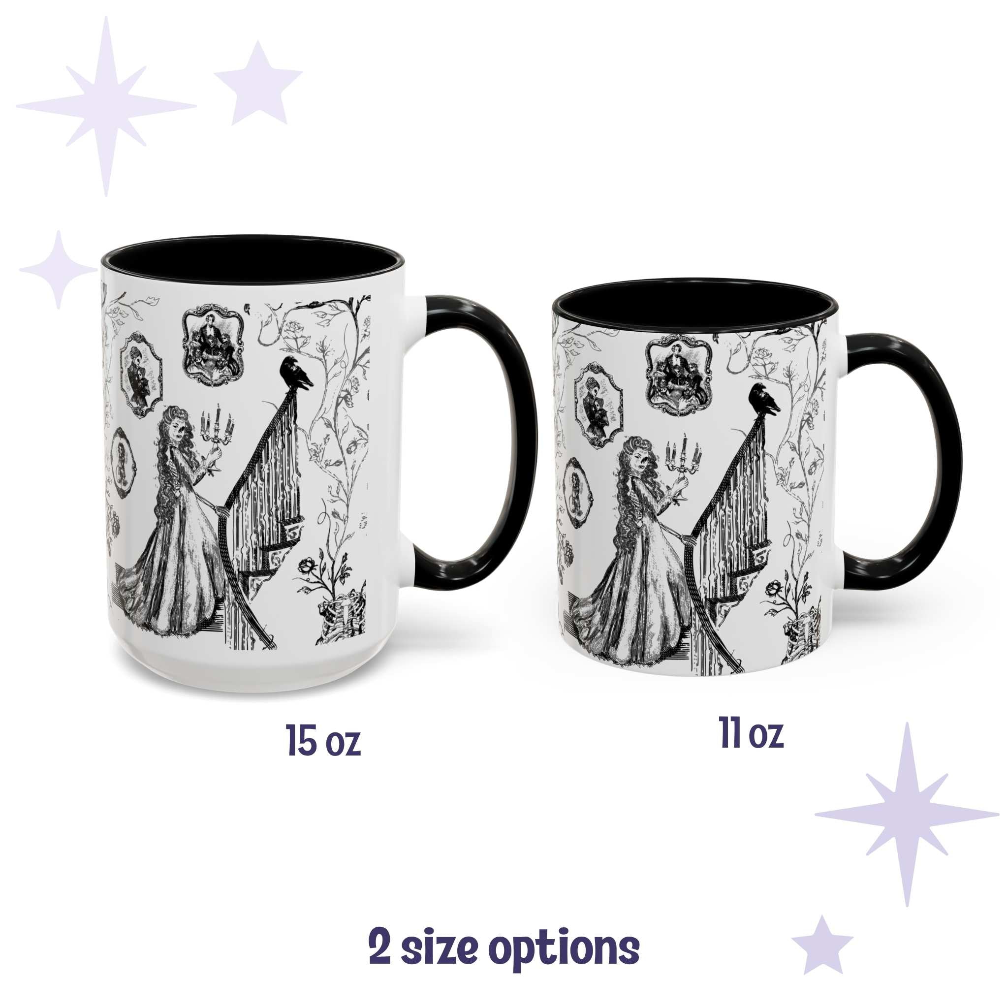 Black and white gothic toile mugs in 15 oz and 11 oz sizes with a candlelit staircase and raven design