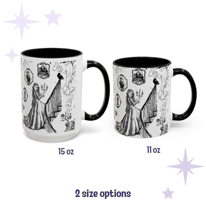 Black and white gothic toile mugs in 15 oz and 11 oz sizes with a candlelit staircase and raven design