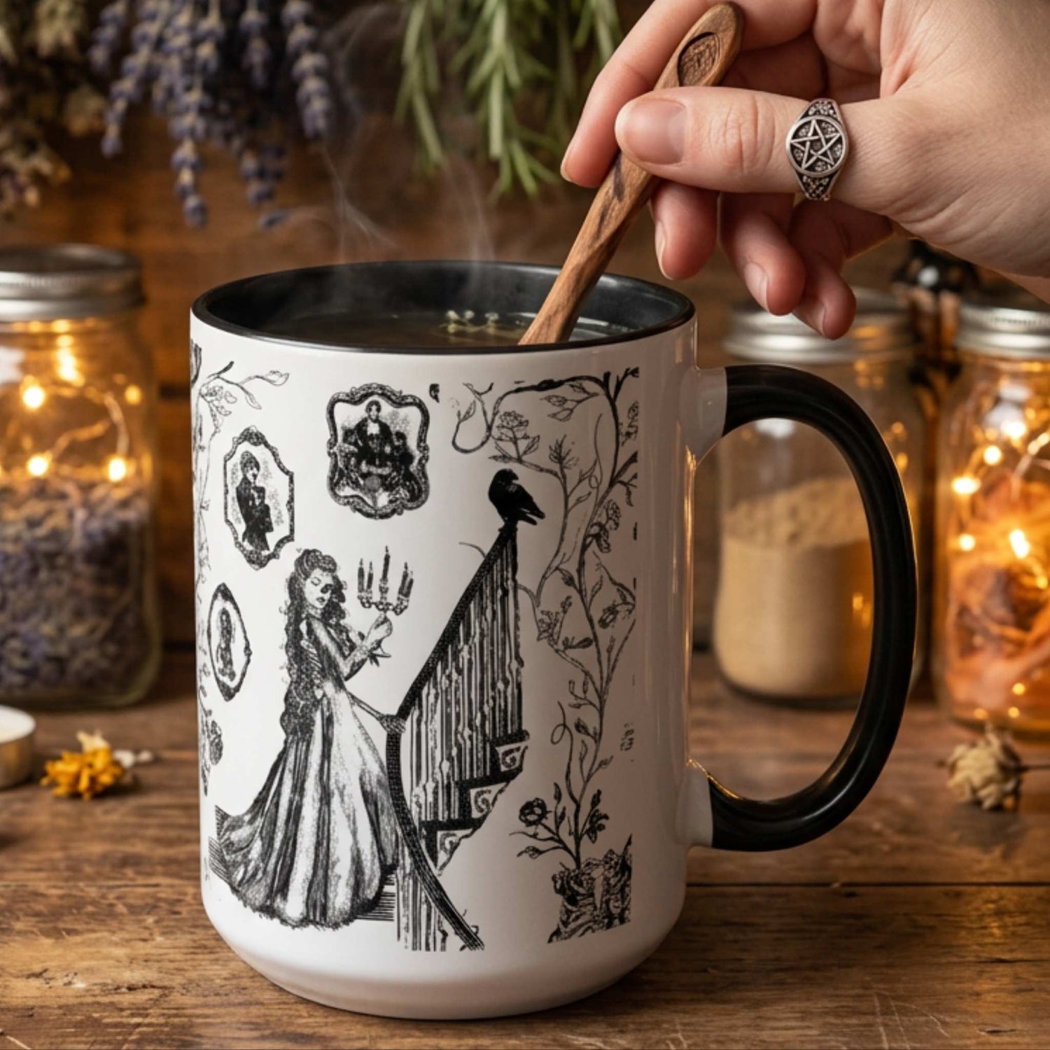 Black and white gothic toile mug of steaming tea on a rustic witchy kitchen table with lavender and mason jars