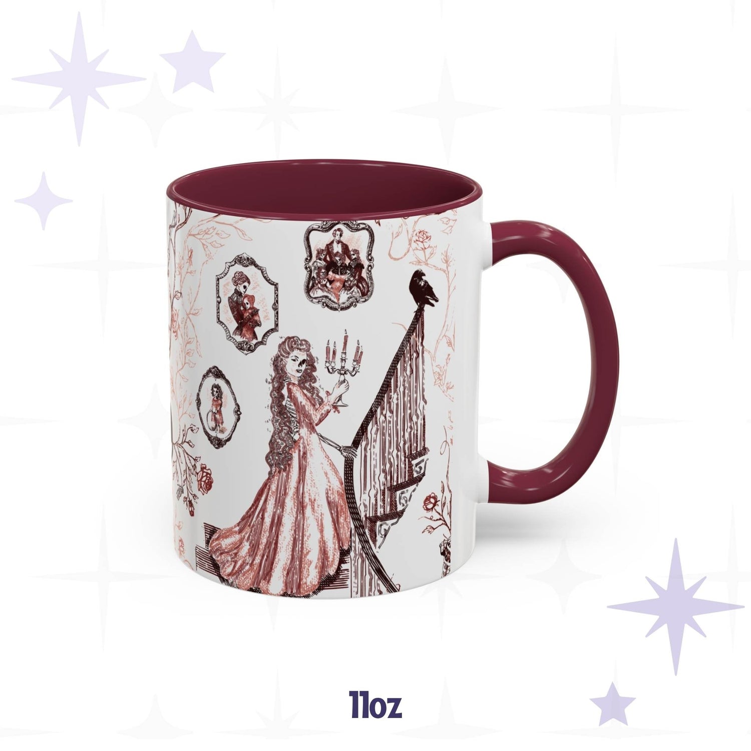 11 oz red toile zombie mug with a candelabra staircase scene, raven, and skull cameo portraits
