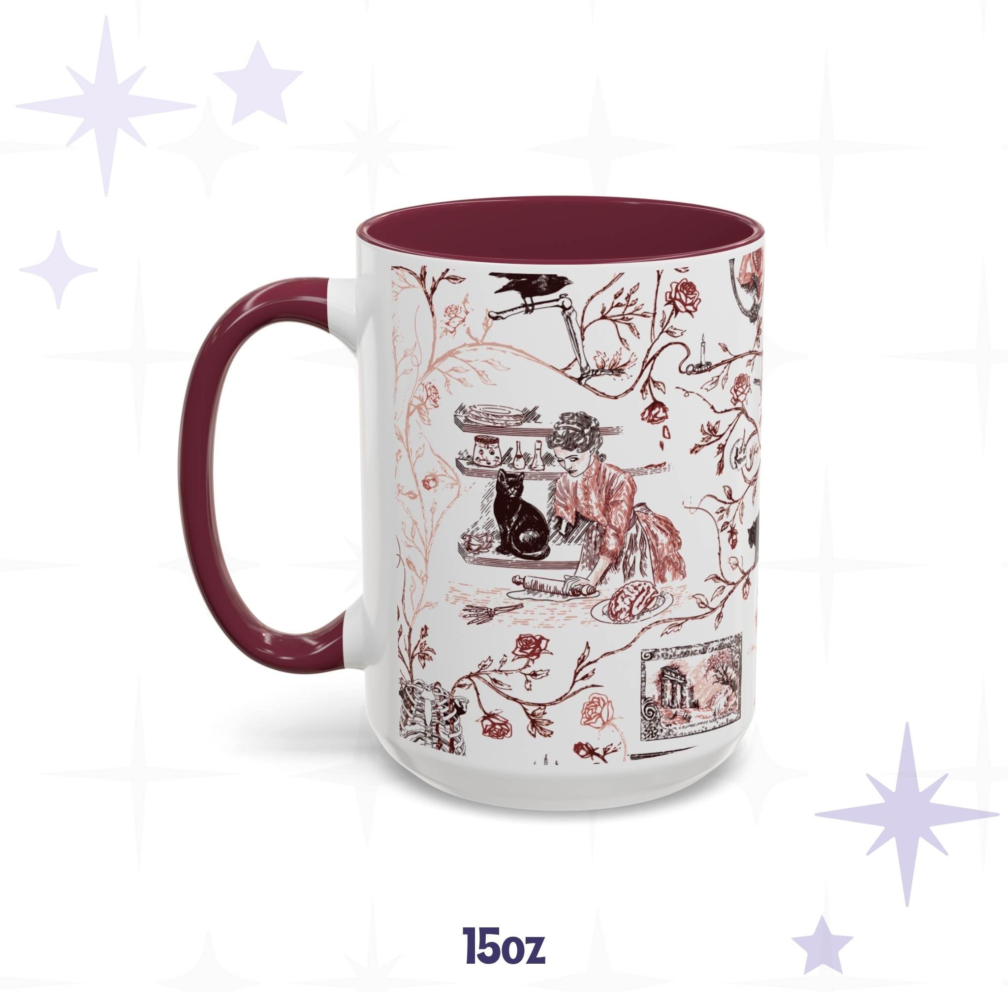 15 oz oxblood red gothic toile mug with a Victorian kitchen scene and black cat, maroon interior