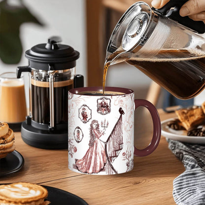 Coffee being poured into an oxblood red gothic toile zombie mug with a maroon handle
