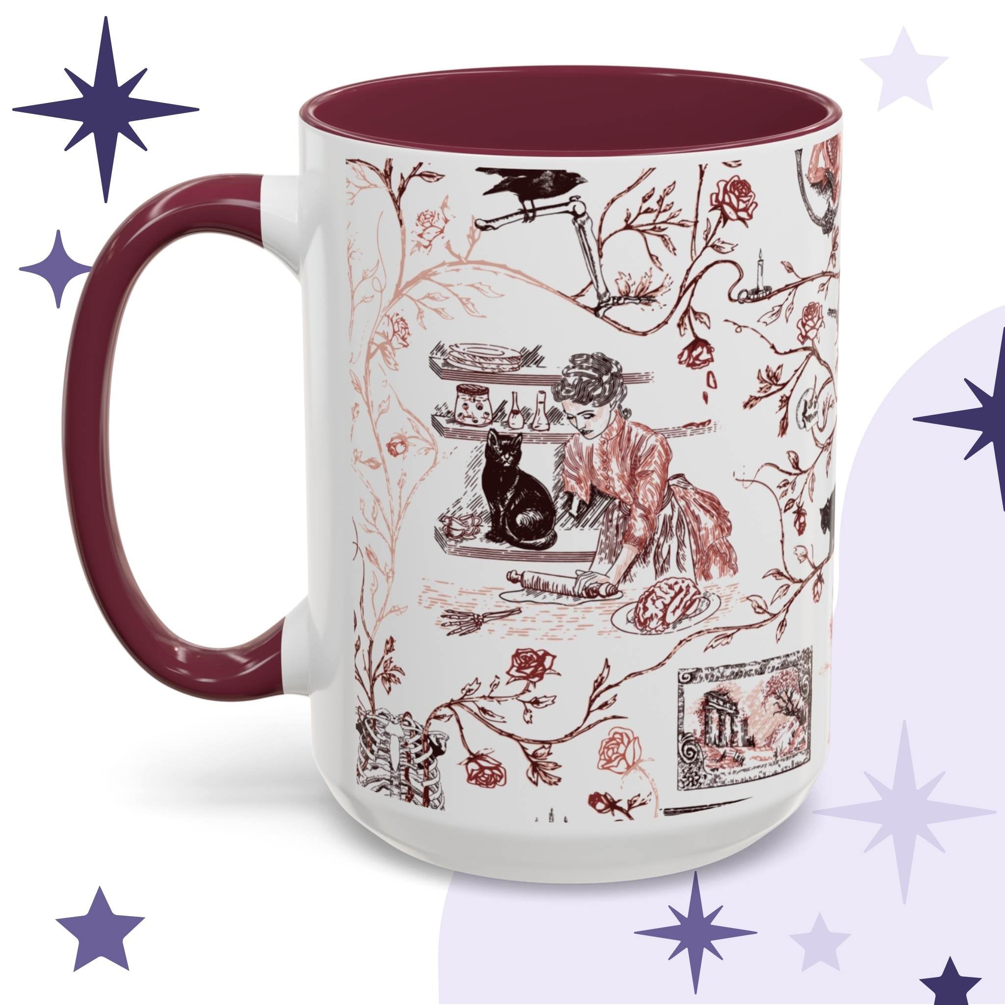 Oxblood red gothic toile mug with a Victorian woman rolling out a brain, a black cat, and a skeletal crow