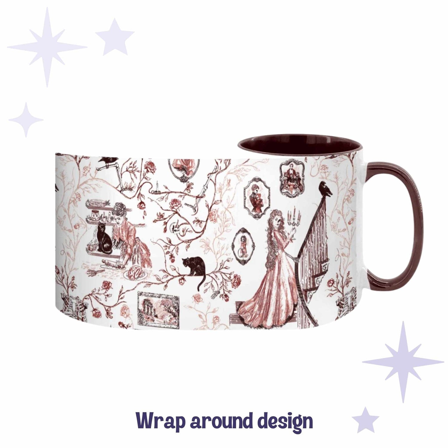 Oxblood red gothic toile mug showing the full wrap-around Victorian zombie design