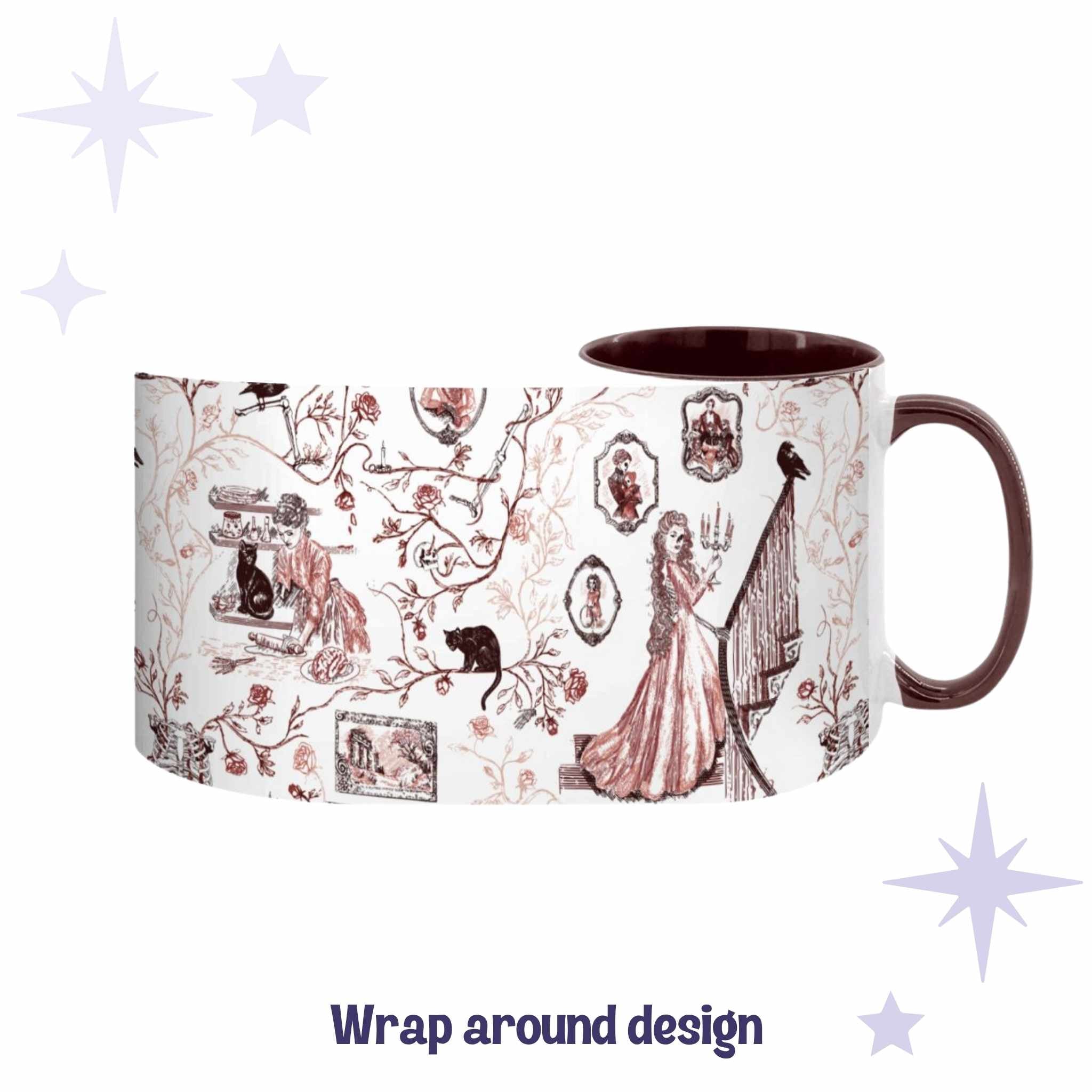 Oxblood red gothic toile mug showing the full wrap-around Victorian zombie design