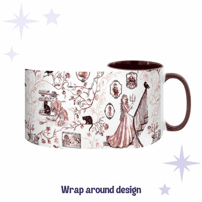 Oxblood red gothic toile mug showing the full wrap-around Victorian zombie design