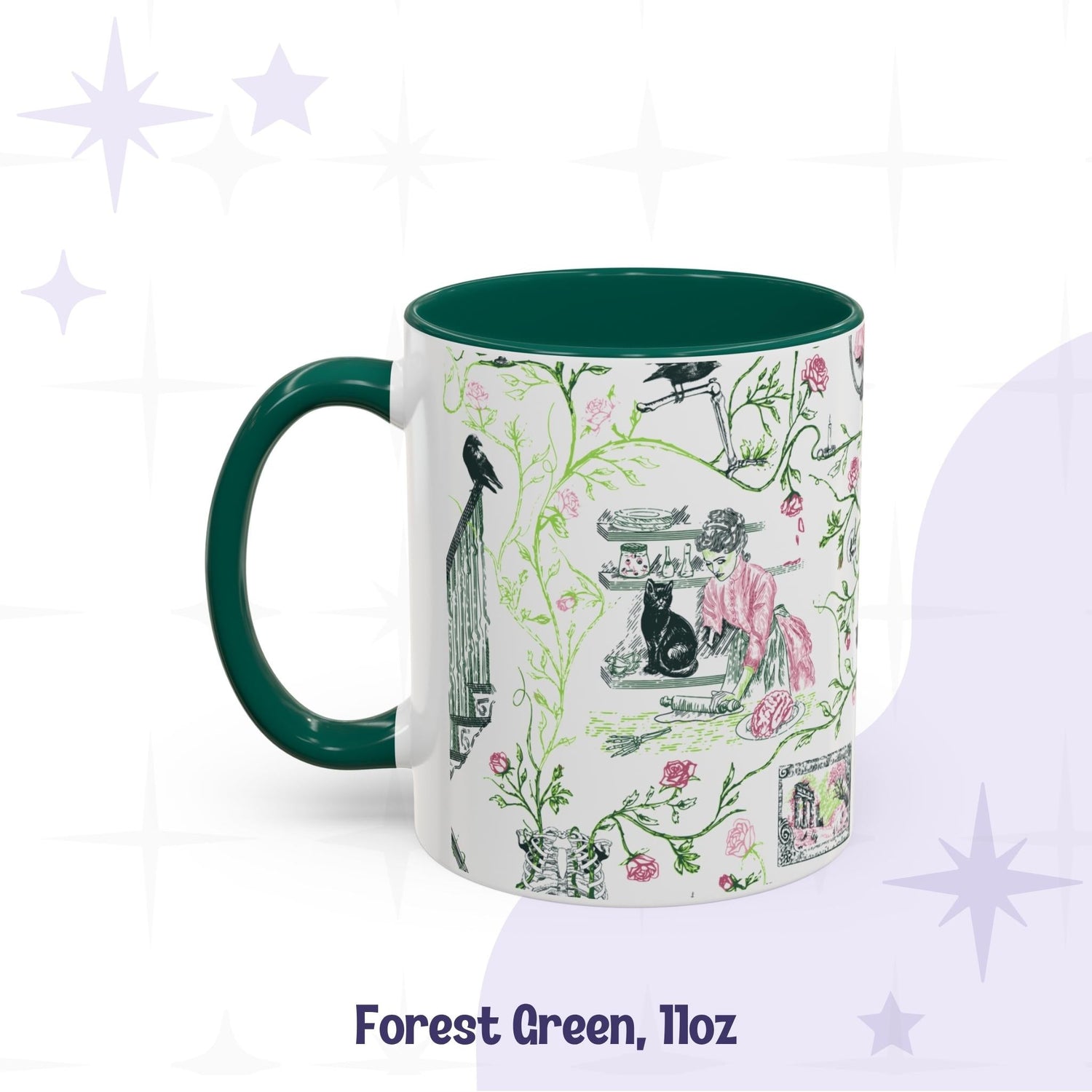 Forest green 11 oz preppy gothic toile mug with a Victorian kitchen scene, black cat, and skeletal crow
