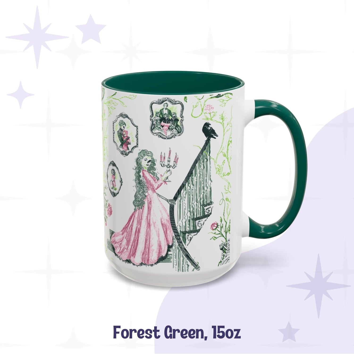 Forest green 15 oz preppy gothic toile mug with a green-skinned Victorian woman on a candlelit staircase