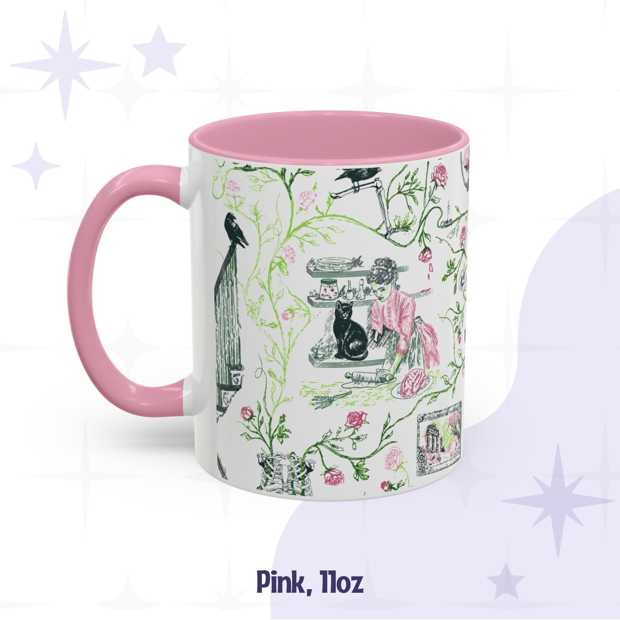Pink 11 oz preppy gothic toile mug with a green-skinned woman rolling out a brain and a cat