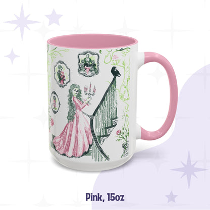 Pink 15 oz preppy gothic toile mug with skull cameo portraits and a raven on the banister