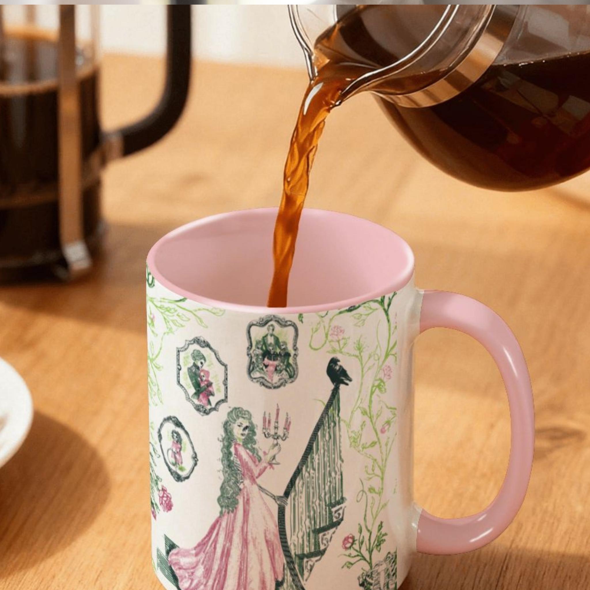 Coffee being poured into a pink accent preppy gothic toile mug with a candlelit staircase design