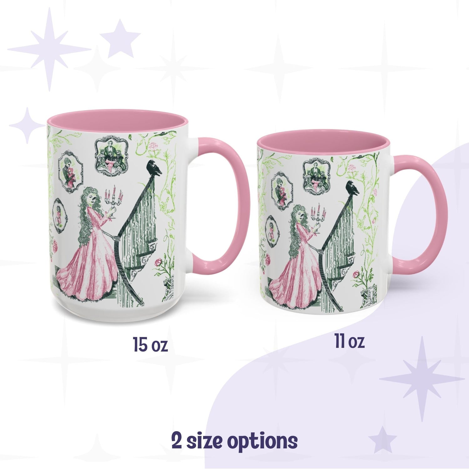 Pink accent preppy gothic toile mugs in 15 oz and 11 oz sizes with a candelabra staircase design