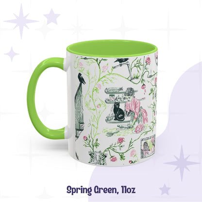 Spring green 11 oz preppy gothic toile mug with a kitchen scene, skeletal crow, and rose vines