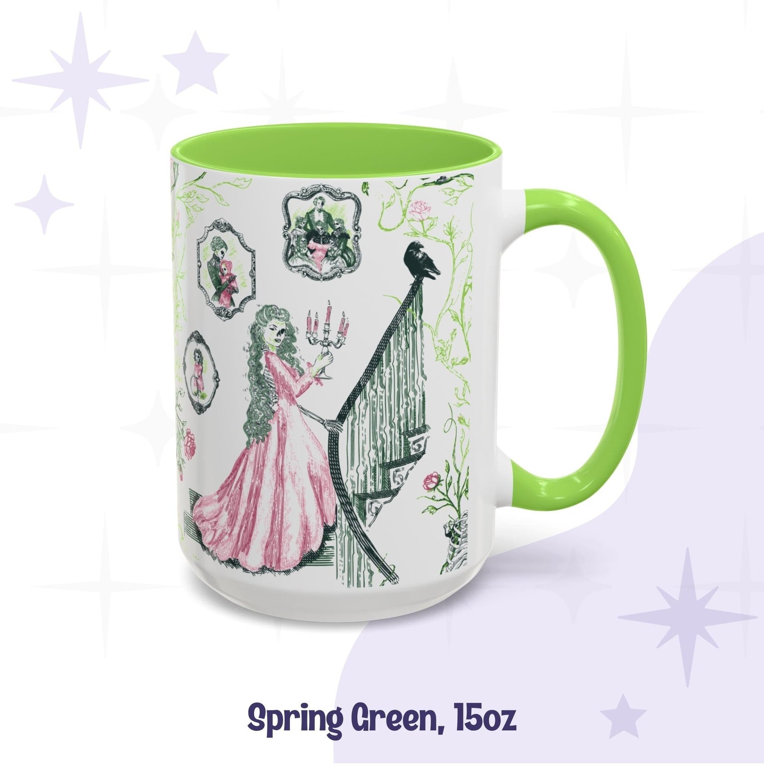 Spring green 15 oz preppy gothic toile mug with a Victorian staircase scene and thorny roses