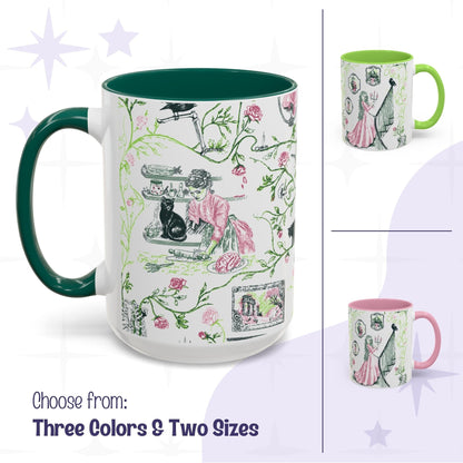 Pink and green preppy gothic toile mug shown in forest green, spring green, and pink accent options