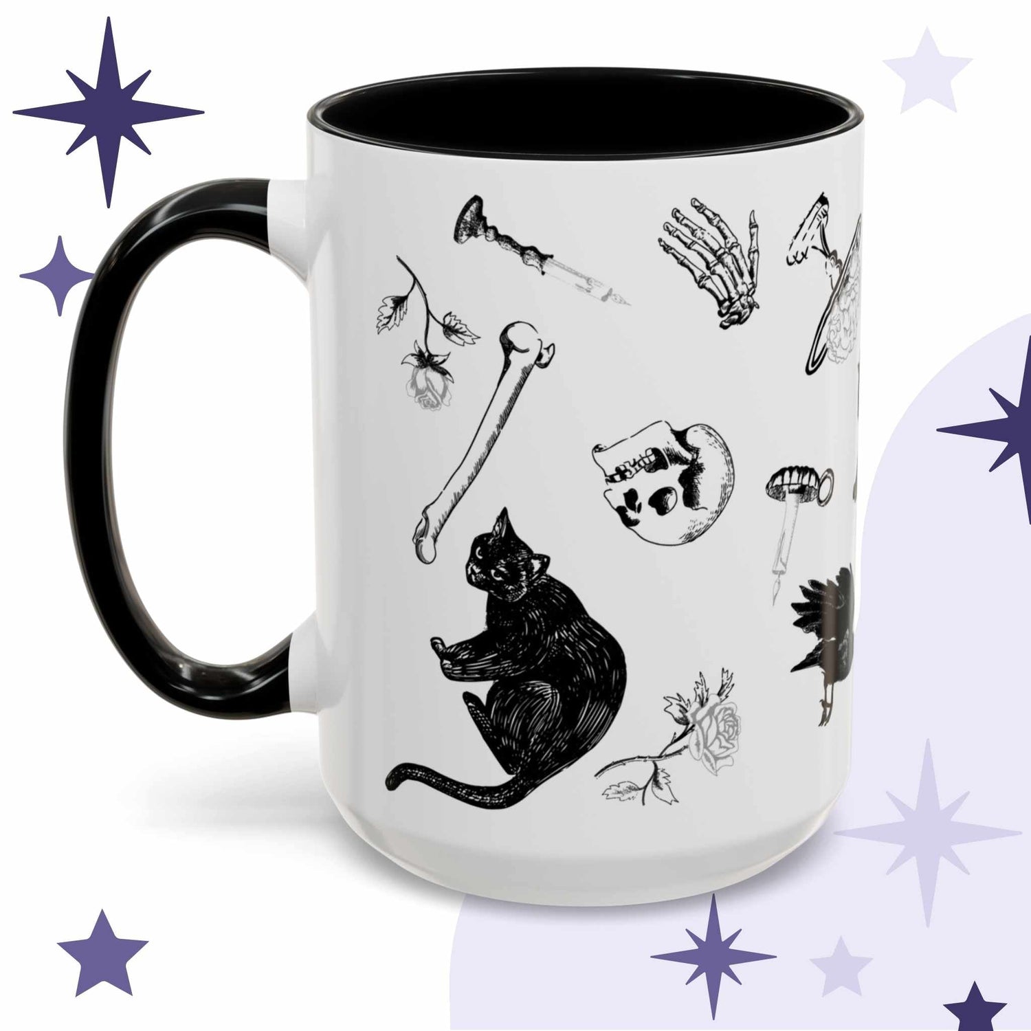 Black and white gothic pattern mug with scattered skulls, bones, black cats, and a raven in a ditsy layout