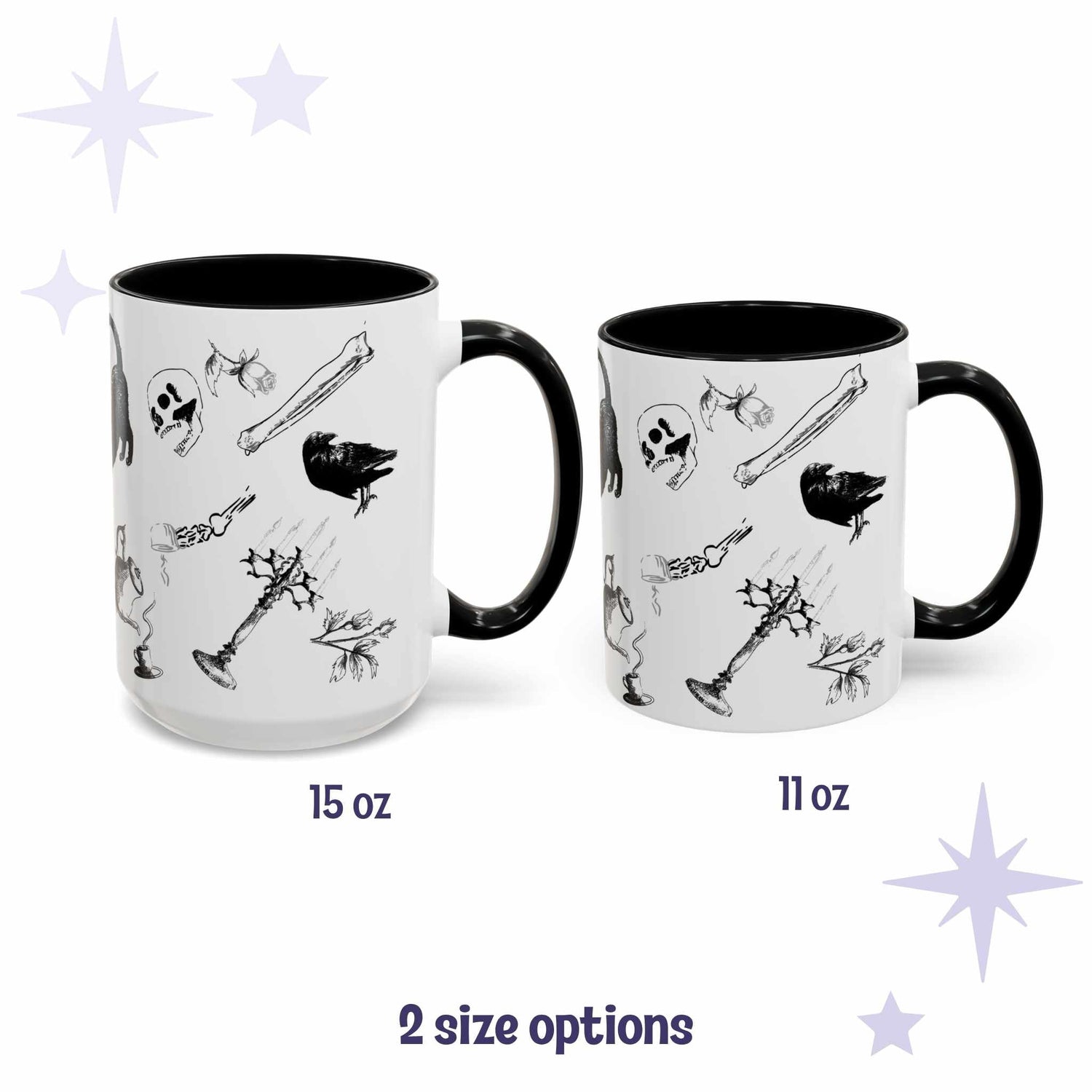 Black and white gothic pattern mugs in 15 oz and 11 oz sizes with scattered bones, skull, and raven