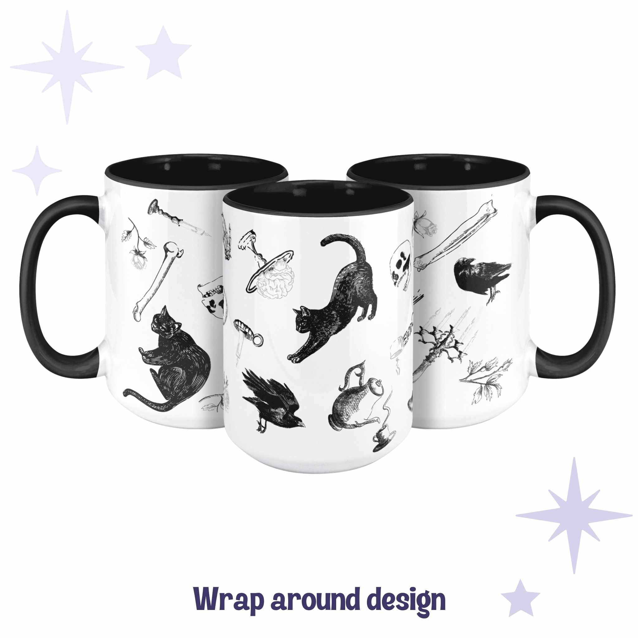 Three black and white gothic pattern mugs showing the full wrap-around zombie icons scatter design