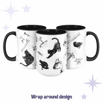 Three black and white gothic pattern mugs showing the full wrap-around zombie icons scatter design